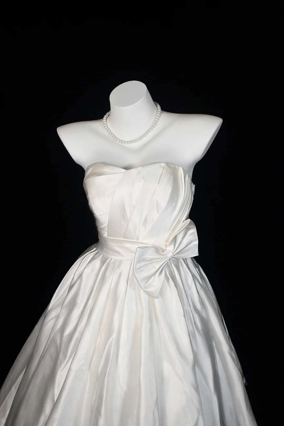 White Strapless Satin Midi Dress Big Bow Fit Flare Bridal Dress F0250
