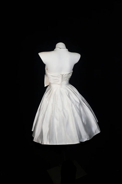 White Strapless Satin Midi Dress Big Bow Fit Flare Bridal Dress F0250
