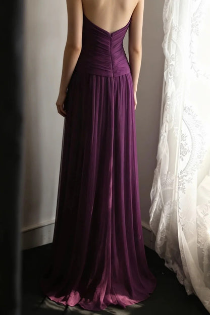 Evening Dress Dark Purple Halter V‑Neck Chiffon Long Formal Party Gown F0068