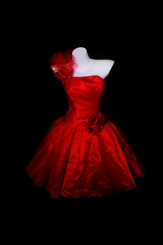 Red Satin Strapless Short Party Dress 3D Floral Decor F0227