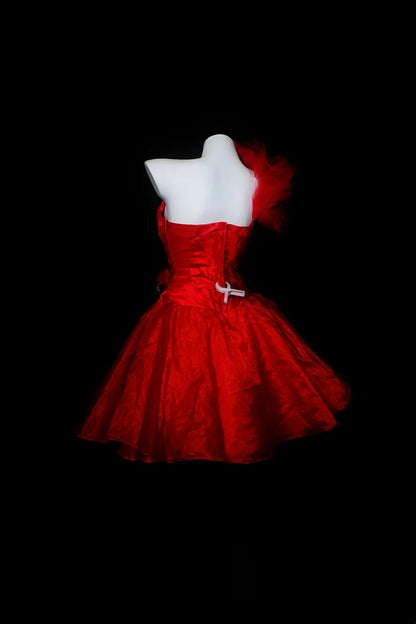 Red Satin Strapless Short Party Dress 3D Floral Decor F0227
