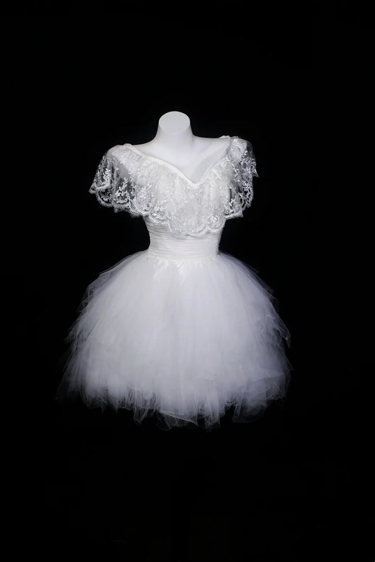 White Off Shoulder Lace Tulle Mini Dress Floral Embroidery Homecoming Dress F0249