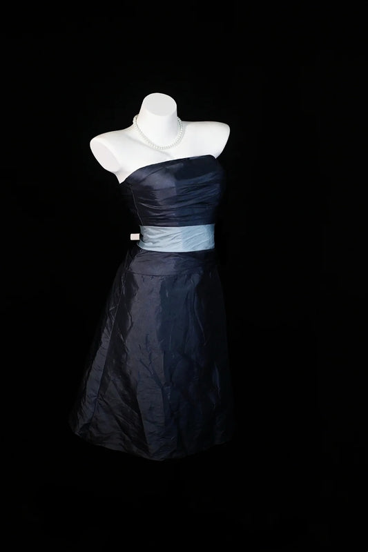 Navy Strapless Taffeta Midi Dress Light Blue Sash Homecoming Dress F0252