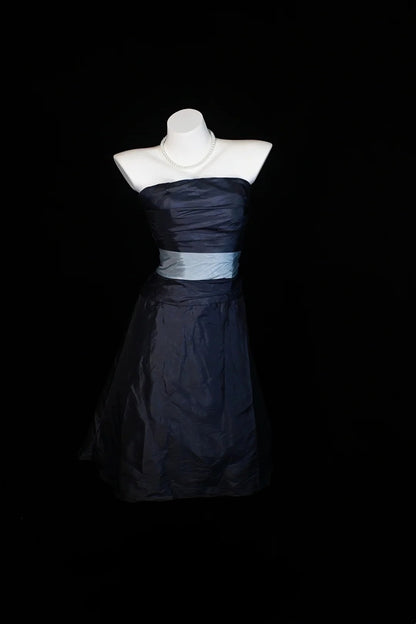 Navy Strapless Taffeta Midi Dress Light Blue Sash Homecoming Dress F0252