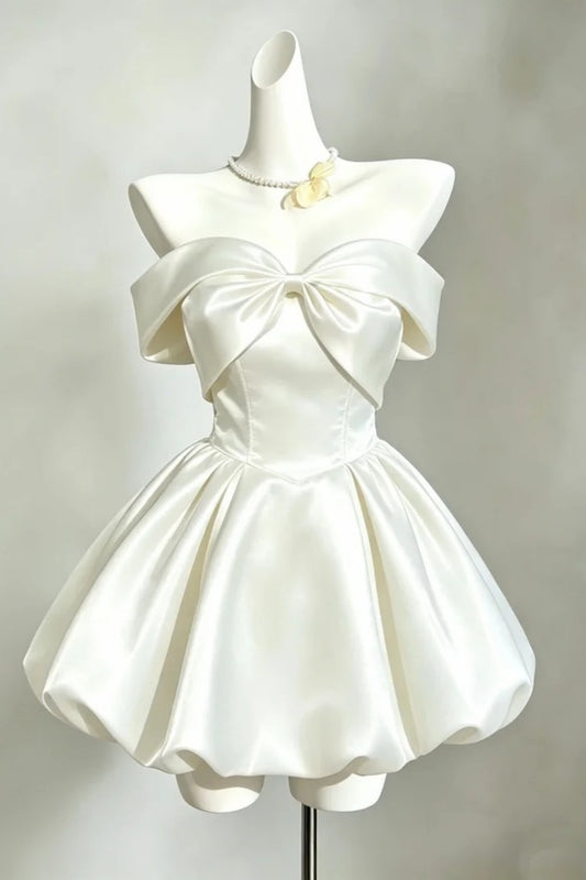 White Satin Bow Strapless Short Puff Dress Cocktail Gown F0200