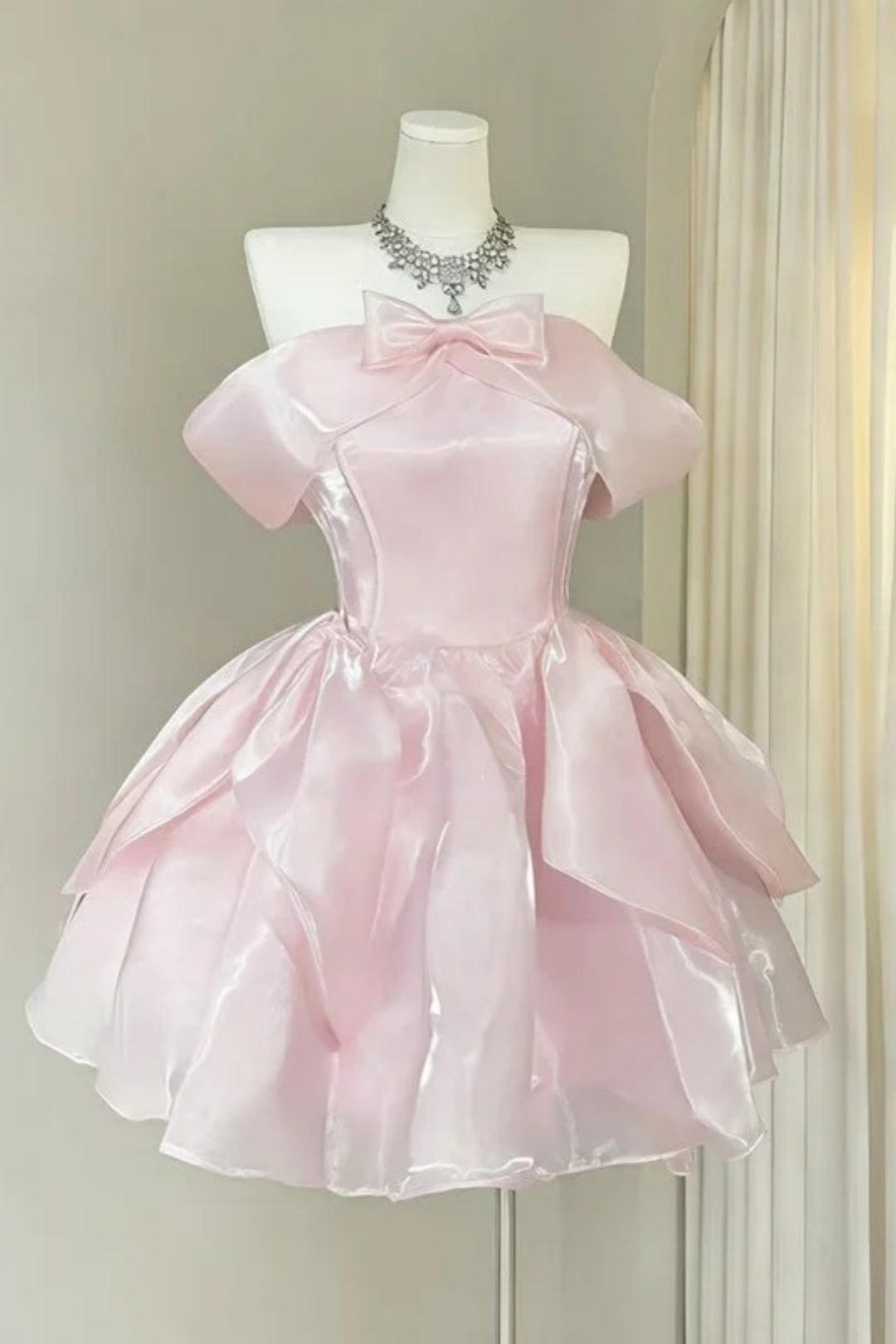 Pink Off-Shoulder Pearl Bow Mini Homecoming Dress F0277