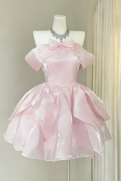 Pink Off-Shoulder Pearl Bow Mini Homecoming Dress F0277