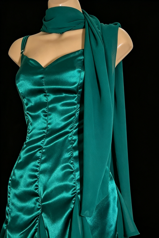Smaragdgrünes Satin-Spaghettiträgerkleid Asymmetrisches Chiffon-Abendkleid Lang & Midi F0025