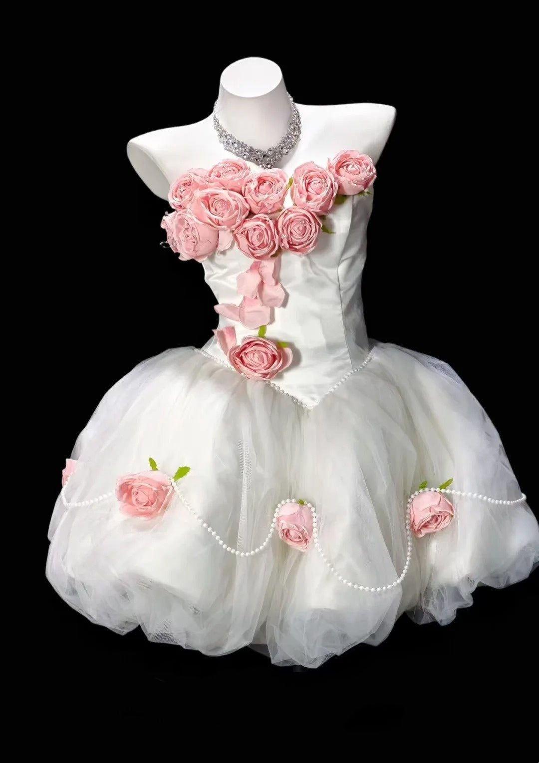 White Strapless Short Tulle Dress Pink 3D Rose Pearl F0228