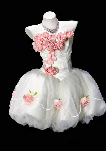 White Strapless Short Tulle Dress Pink 3D Rose Pearl F0228