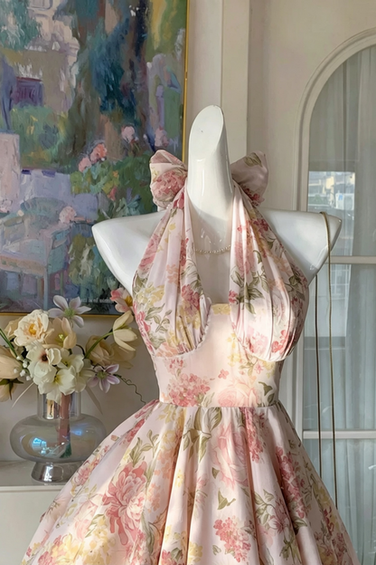 Pink Floral Halter Mini Dress, Vintage Garden Party  F0038