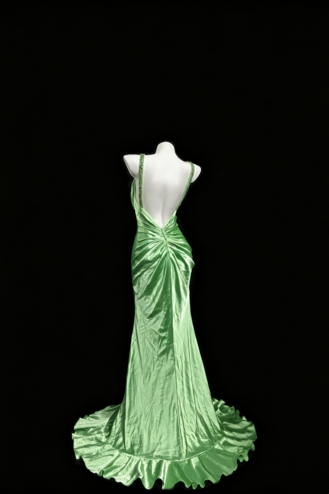 Spring Green Beaded Strap Mermaid Prom Dress Deep V‑Back Satin Evening Gown F0161