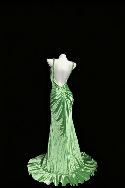 Spring Green Beaded Strap Mermaid Prom Dress Deep V‑Back Satin Evening Gown F0161