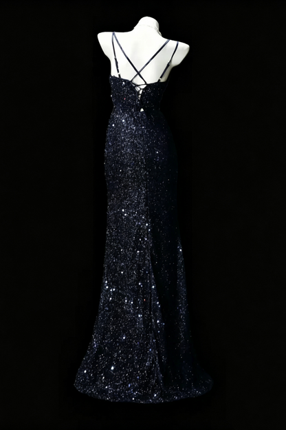 Glitzerndes Meerjungfrauen-Abendkleid mit V-Ausschnitt und Schlitz F0165