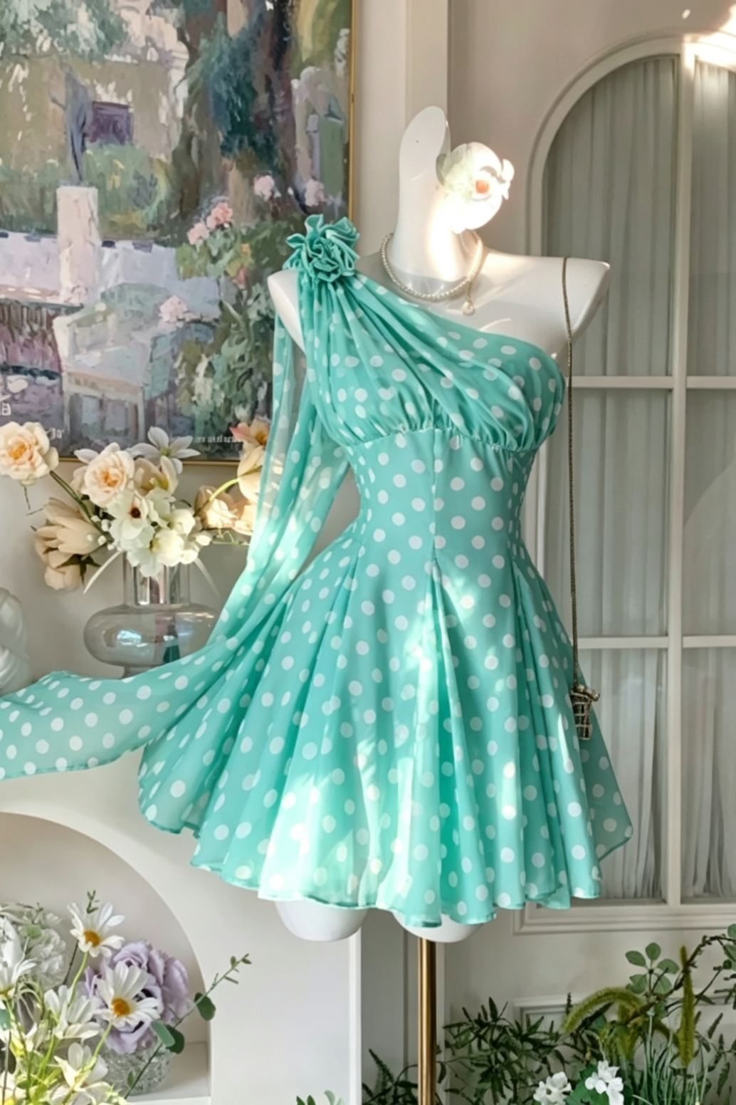 One‑Shoulder Mint Polka Dot Short Dress Flower Detail Homecoming Gown F0118