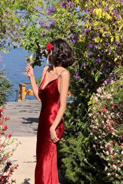 Sexy Deep Red Satin Maxi Dress Spaghetti Strap Backless Design for Cocktail Parties Date Nights FD06