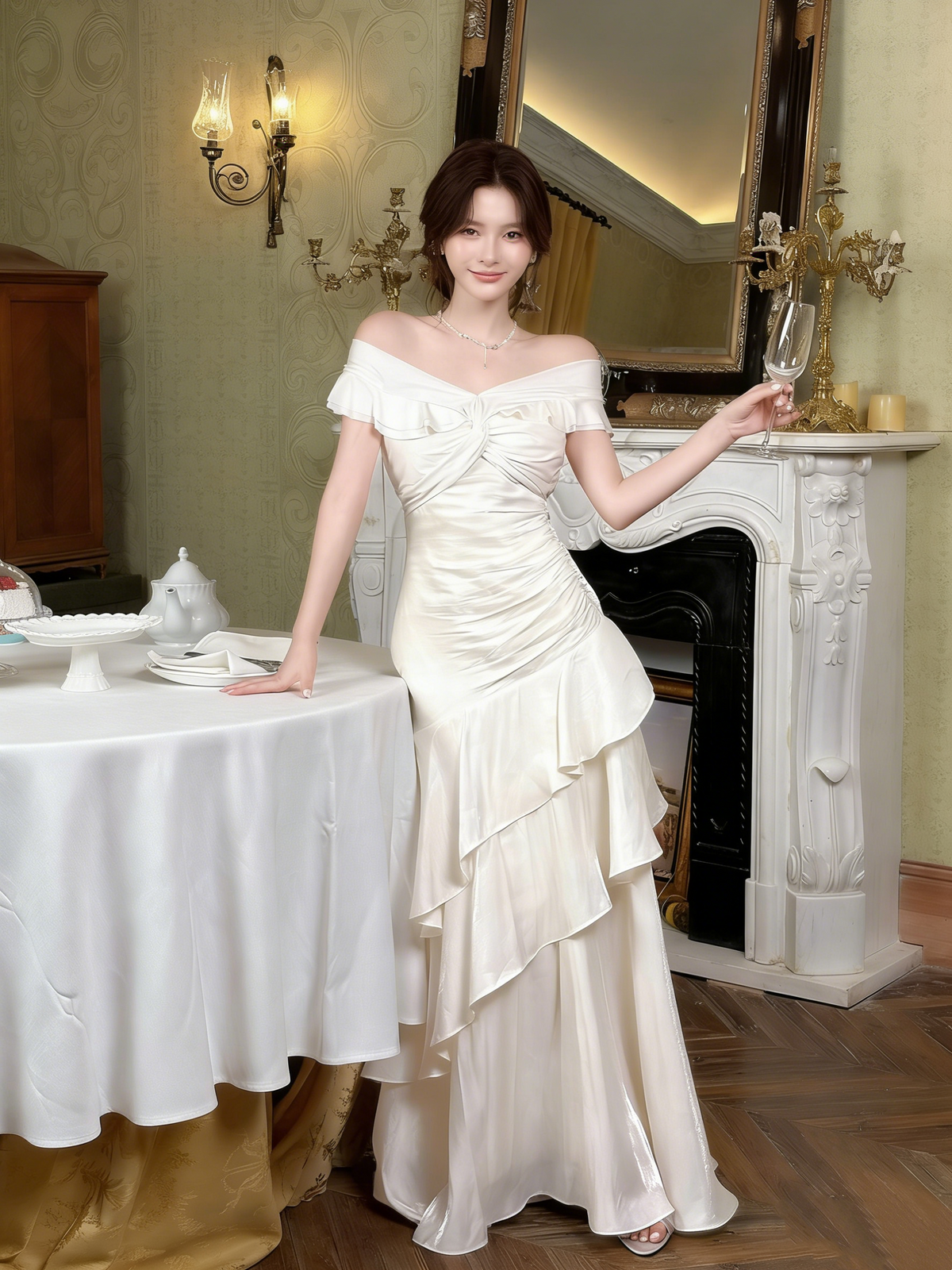 White Long Off-The-Shoulder Prom Dress With Ruffle Details  FD03