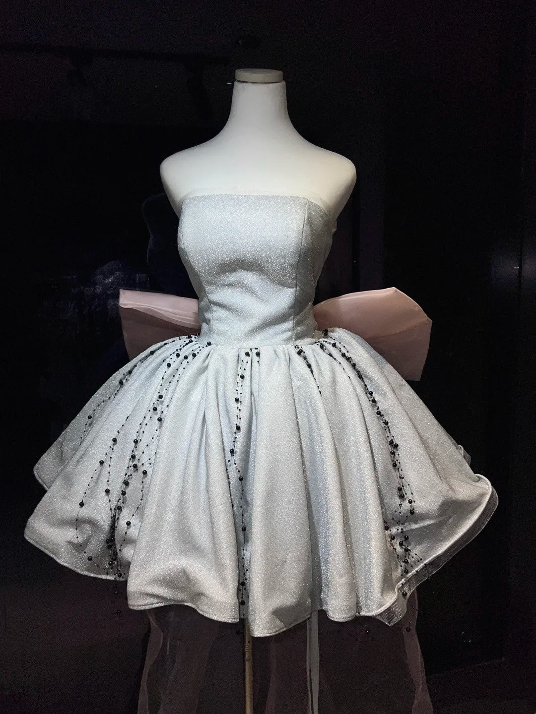 Silver Strapless Glitter Mini Dress Beaded Skirt Pink Bow Homecoming Dress F0256