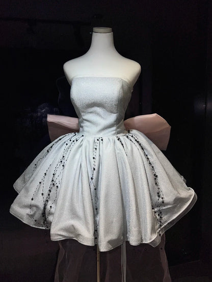 Silver Strapless Glitter Mini Dress Beaded Skirt Pink Bow Homecoming Dress F0256