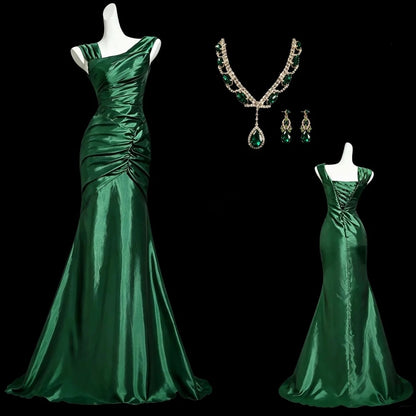 Green Asymmetrical Satin Mermaid Prom Dress Ruched Corset Back Formal Evening Dress F0164