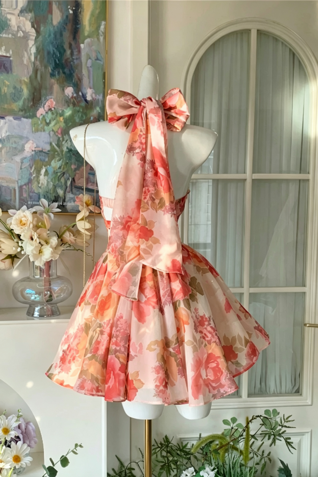 Floral Print Halter Short Dress Back Bow Cutout Homecoming Party Gown F0117