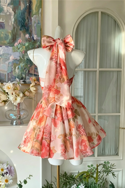 Floral Print Halter Short Dress Back Bow Cutout Homecoming Party Gown F0117