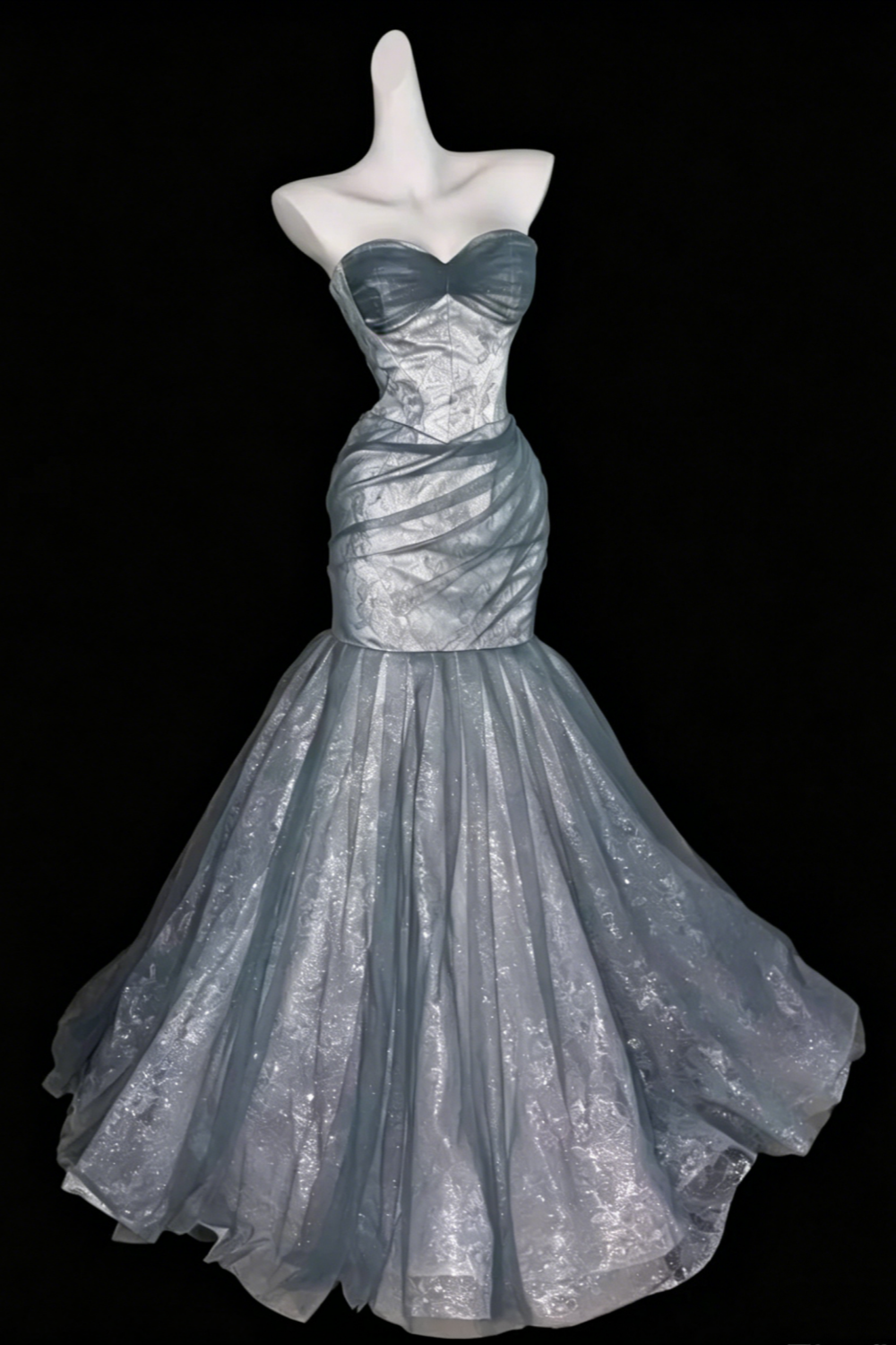 Elegantes schulterfreies, staubblaues Meerjungfrauen-Abschlusskleid Ballkleid, Glitzer-Spitzen-Korsett-Abendkleid mit Schleppe, formelles Partykleid für Damen Floral026