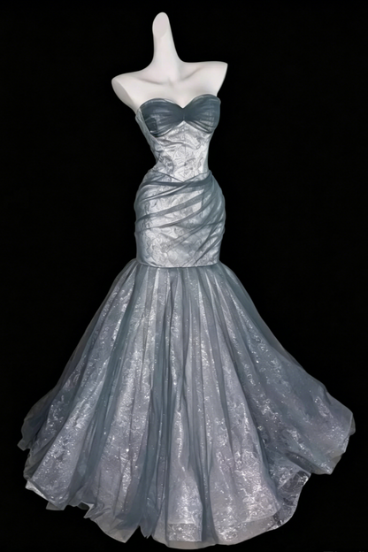 Elegantes schulterfreies, staubblaues Meerjungfrauen-Abschlusskleid Ballkleid, Glitzer-Spitzen-Korsett-Abendkleid mit Schleppe, formelles Partykleid für Damen Floral026