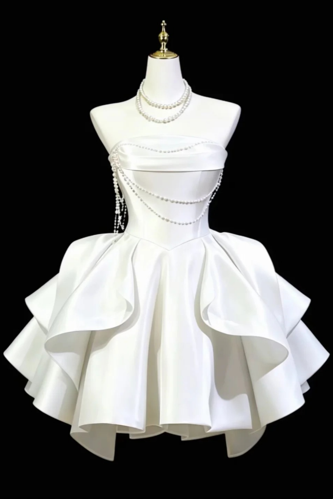 Strapless White Satin Mini Dress Pearl Chain Layered Ruffle Party Gown F0139