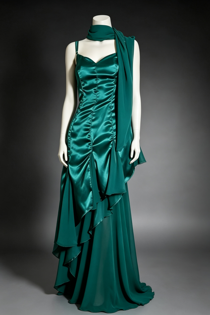 Emerald Green Satin Sweetheart Evening Dress Chiffon Scarf F0226