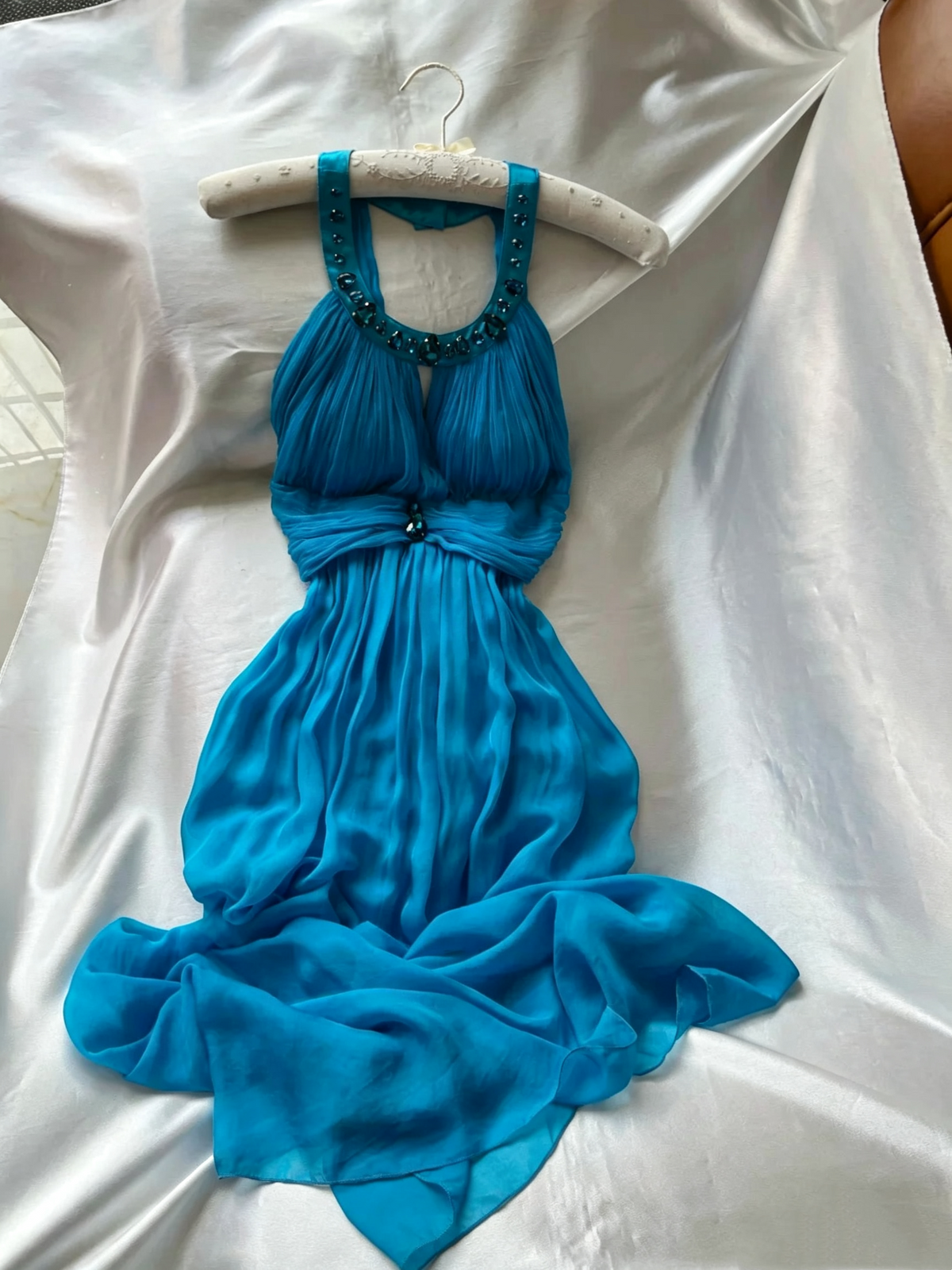 Turquoise Halter Chiffon Cocktail Dress Rhinestone Embellished F0263