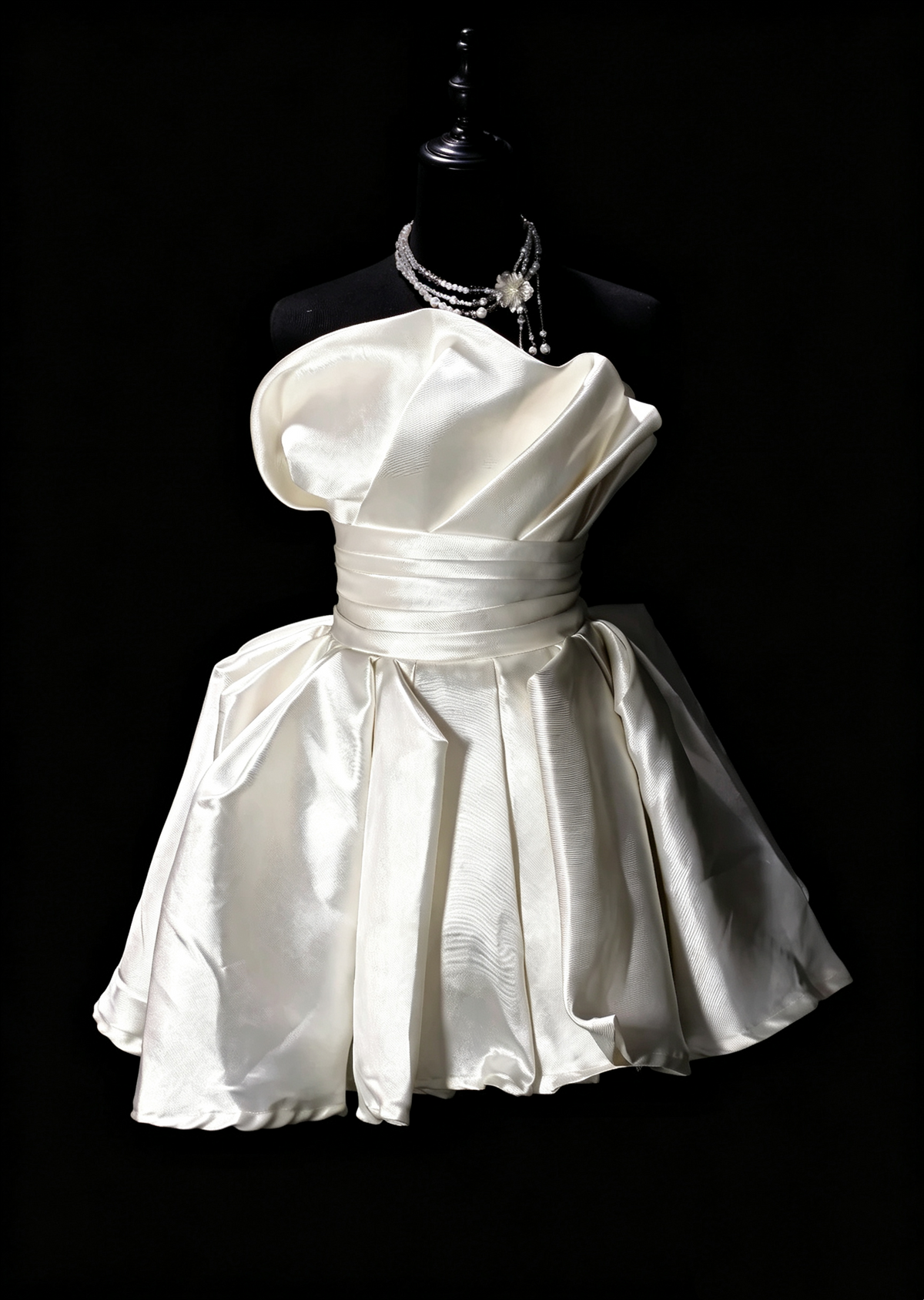 Strapless Ivory Satin Mini Dress Pleated Bodice Corset Lace‑Up Party Gown F0135
