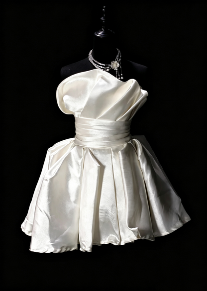 Strapless Ivory Satin Mini Dress Pleated Bodice Corset Lace‑Up Party Gown F0135