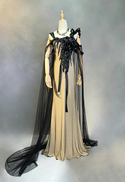 Champagne Mermaid Evening Dress Black Ribbon Beaded Cape Gown F0198