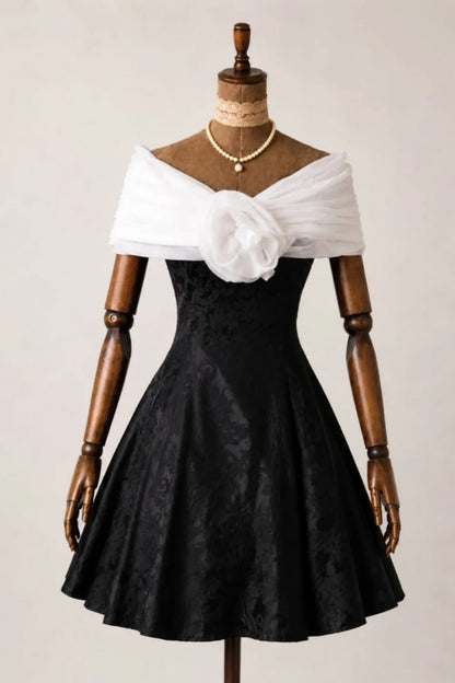 Off‑Shoulder Short Homecoming Dress, 3D Flower Contrast Formal Party Dress F0122