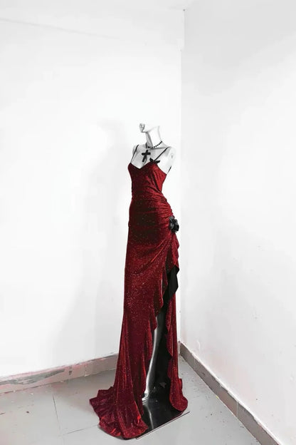 Burgundy Glitter Spaghetti Strap Mermaid Long Prom Dress F0280
