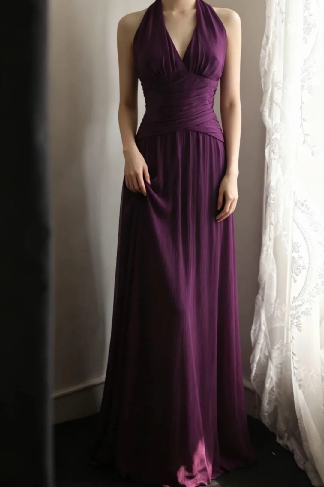 Evening Dress Dark Purple Halter V‑Neck Chiffon Long Formal Party Gown F0068