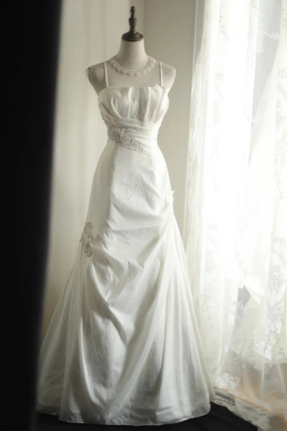 Satin Mermaid Wedding Dress Spaghetti Strap Corset Back Bridal Gown F0170