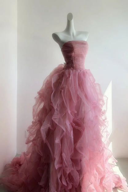 Dusty Pink Strapless Tulle Ball Gown Dress Ruched Bodice Lace‑Up Back Prom Train Gown F0151