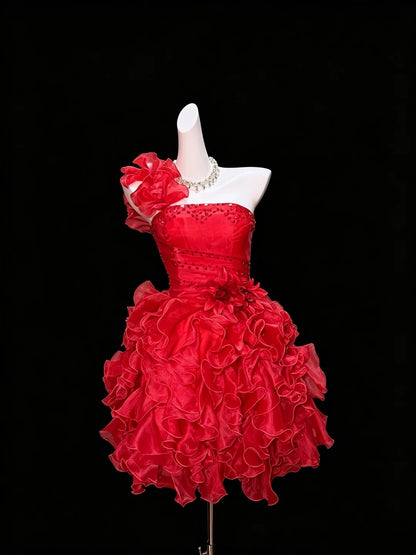 One‑Shoulder Ruffled Red Mini Dress 3D Floral Beaded Homecoming Prom Gown F0131
