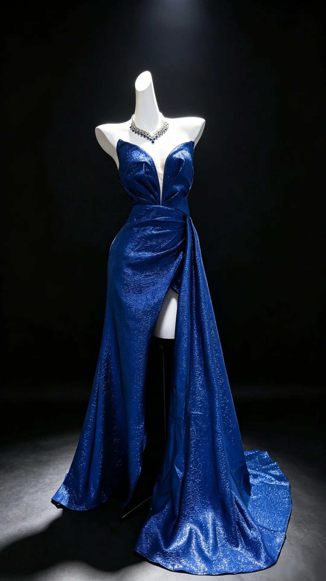 Strapless Royal Blue Glitter Mermaid Dress High Slit Formal Evening Prom Gown F0132