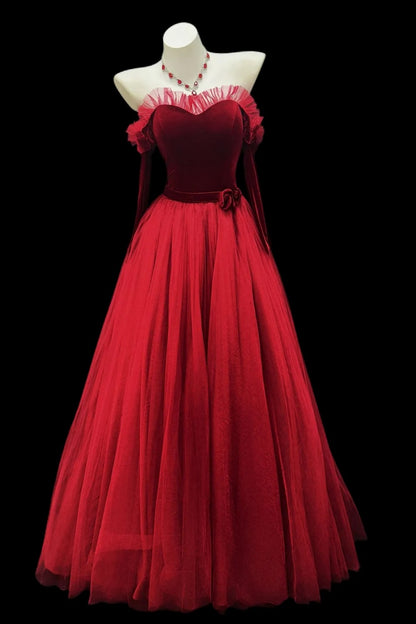 Abendkleid Burgund Schulterfrei Maßanfertigung Coquette Samt Tüll Ballkleid Floral051