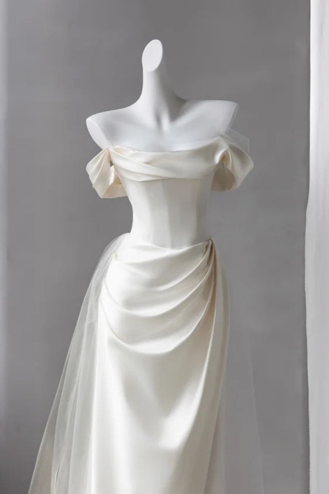 Ivory Off Shoulder Satin Wedding Dress Draped Mermaid Gown  F0247