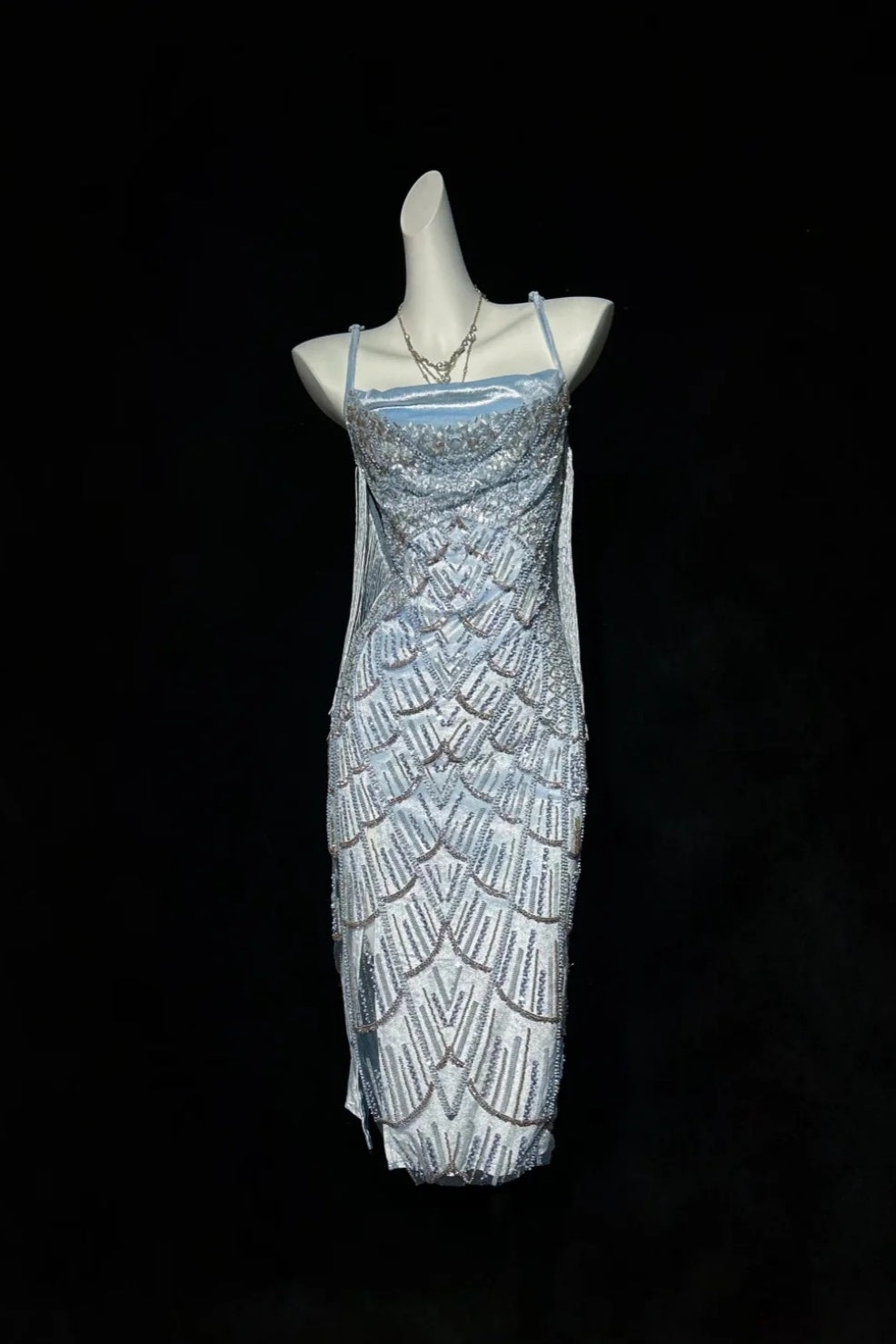 Beaded Fringe Midi Dress Spaghetti Strap Formal Gown F0202