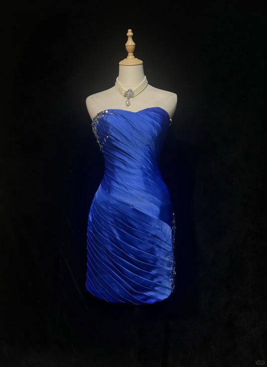 Sapphire Blue Strapless Short Party Dress Rhinestone Cocktail Gown F0178