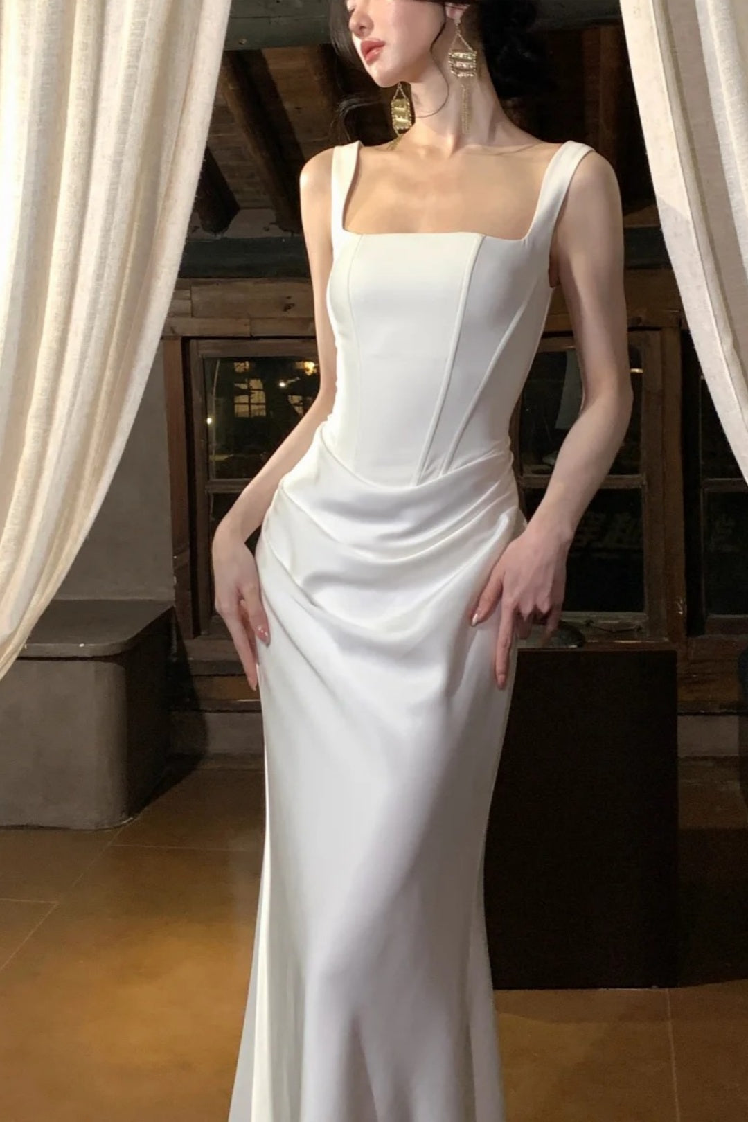 Square Neck Satin Mermaid Wedding Dress Lace‑Up Back Bridal Evening Gown F0109