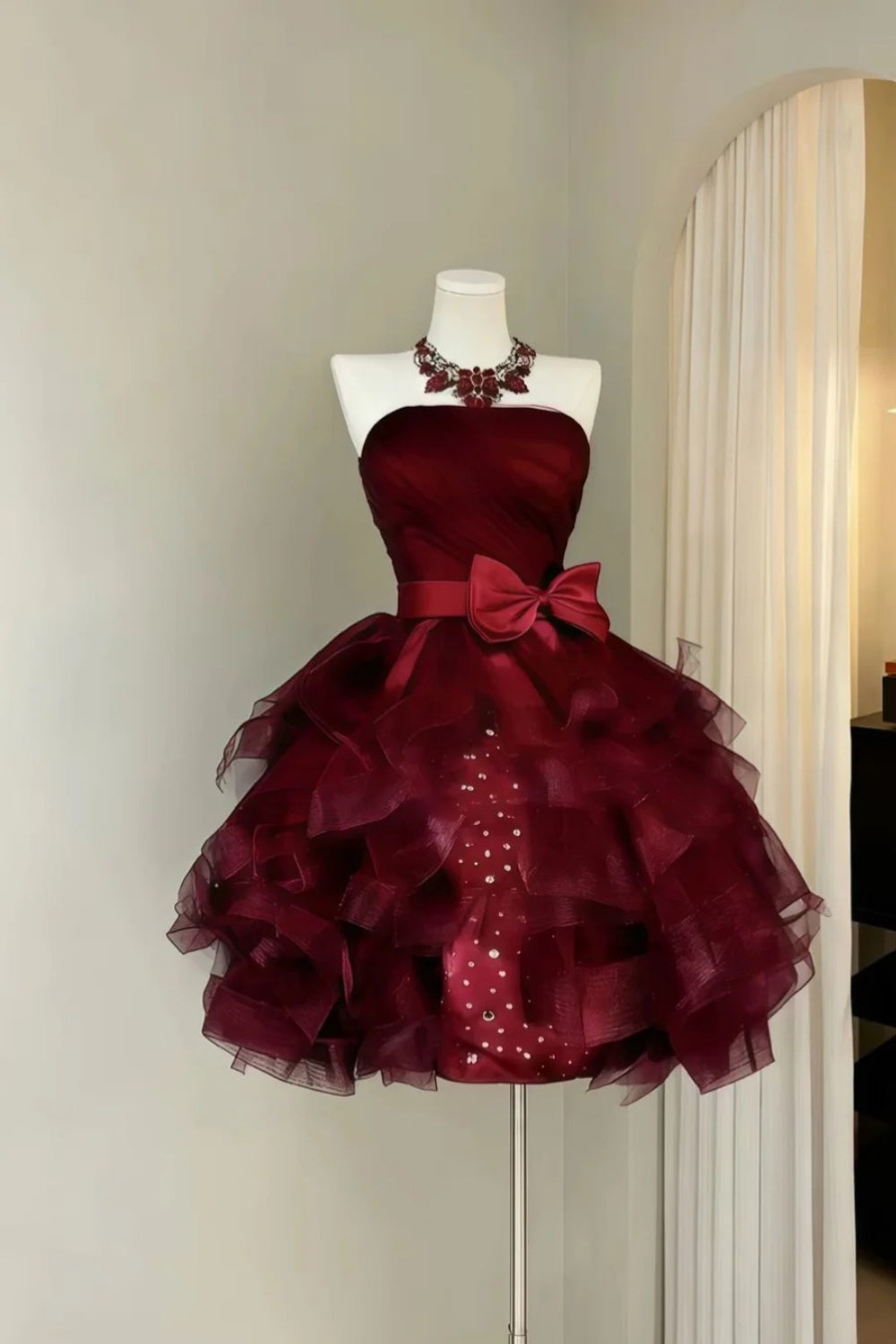 Burgundy Strapless Tulle Mini Dress Satin Bow Ruffle Homecoming Party Gown F0141