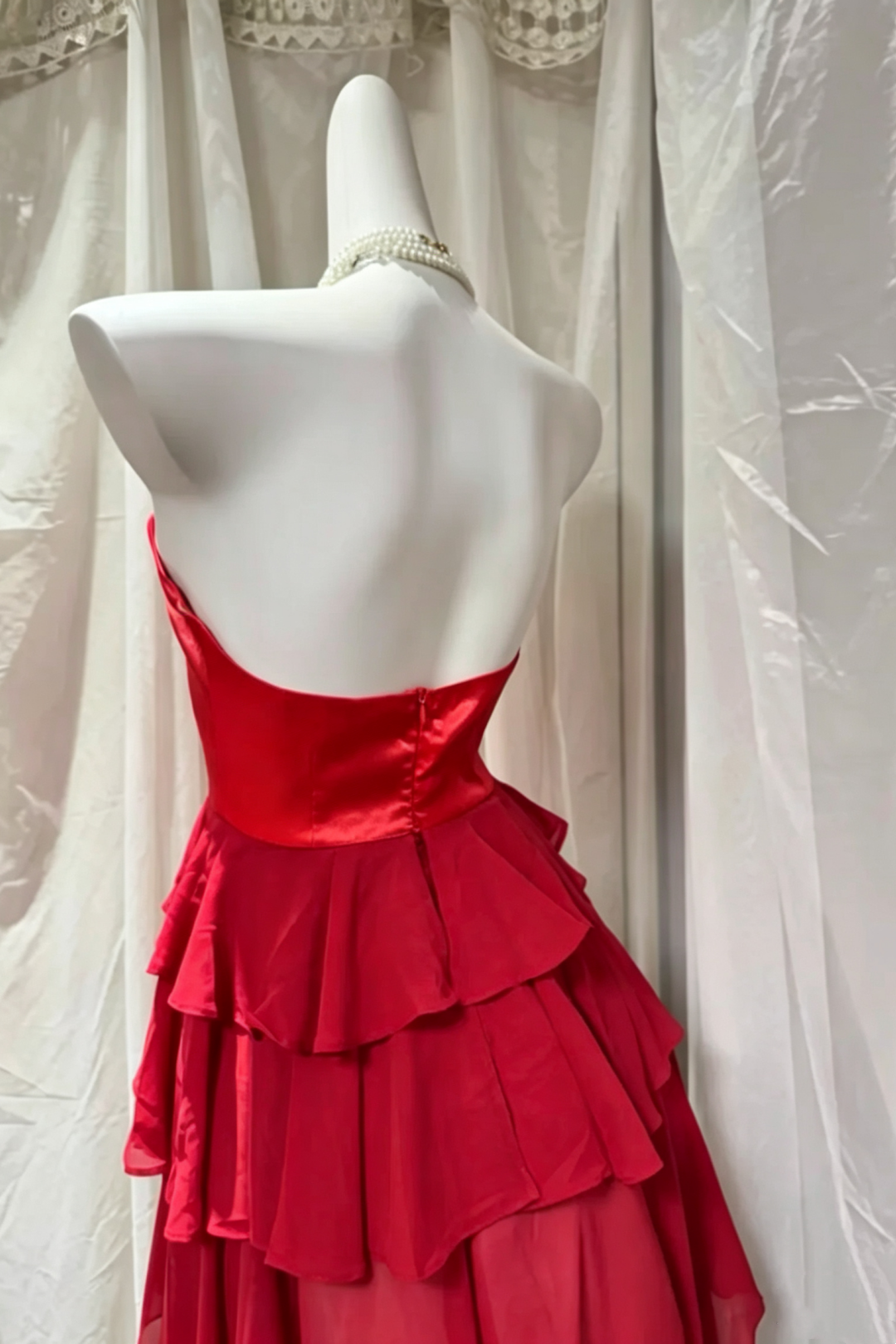 Red Strapless Sweetheart High Low Tiered Ruffle Formal Dress F0275
