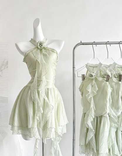 Light Green Halter Floral Rose Ruffle Mini Dress Sparkly Party Gown F0211