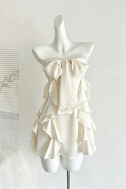 Cream Satin Strapless Mini Party Dress Big Bow Ruffle Cocktail Gown F0206